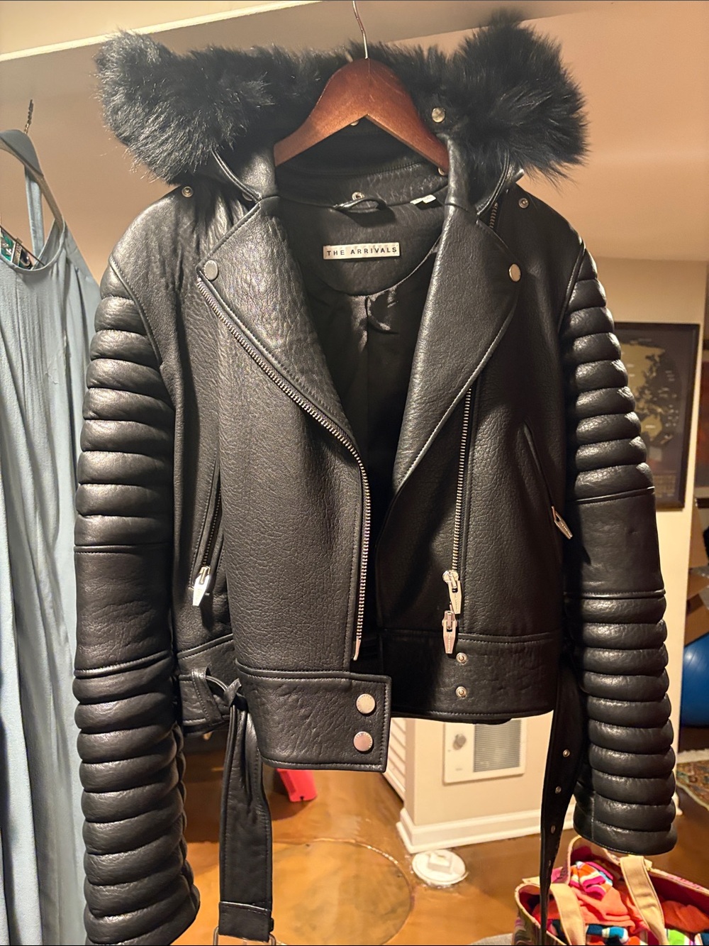 The Arrivals- Black Leather Moto Jacket with Fur Trim
